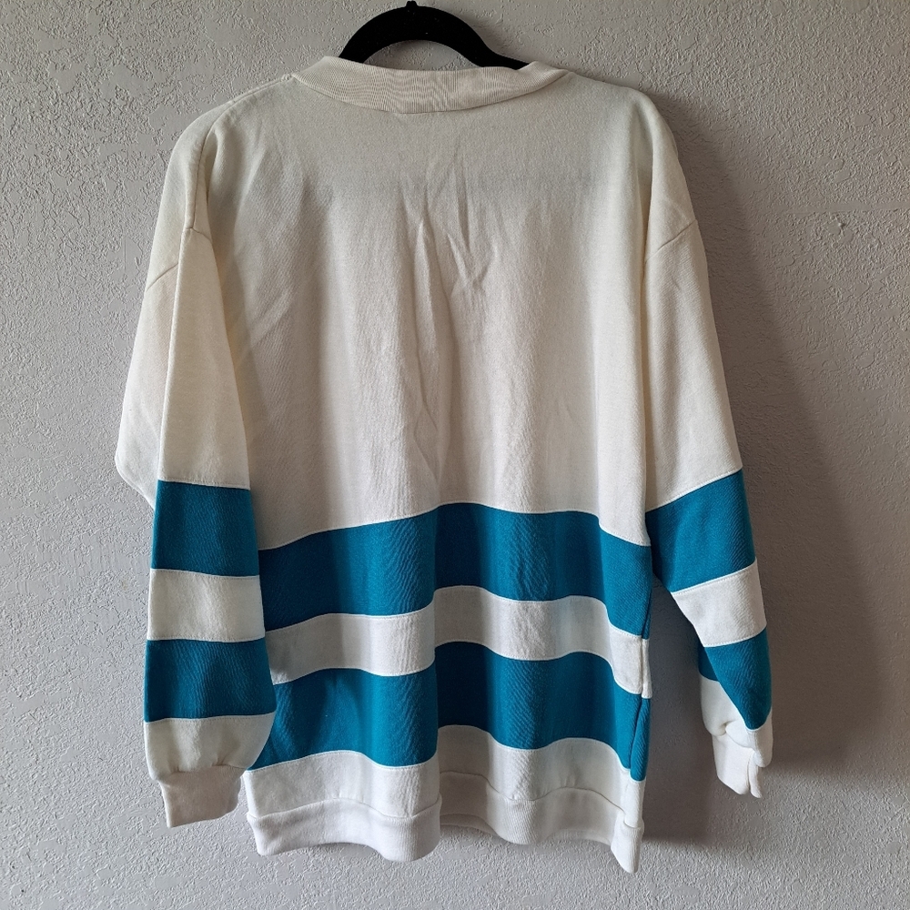 Blair Women's Cream and Blue Striped Crewneck Sweater - Picture 5 of 5